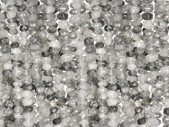 Tourmalated Quartz Rondelle Beads: Faceted Gemstone Strand (7.5 Inch, 5-6mm