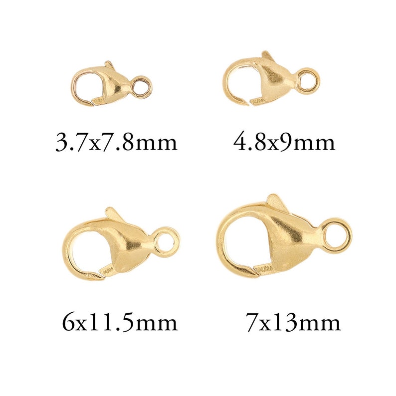 May include: Four gold-toned lobster clasps in different sizes. The clasps measure 3.7x7.8mm, 4.8x9mm, 6x11.5mm, and 7x13mm.