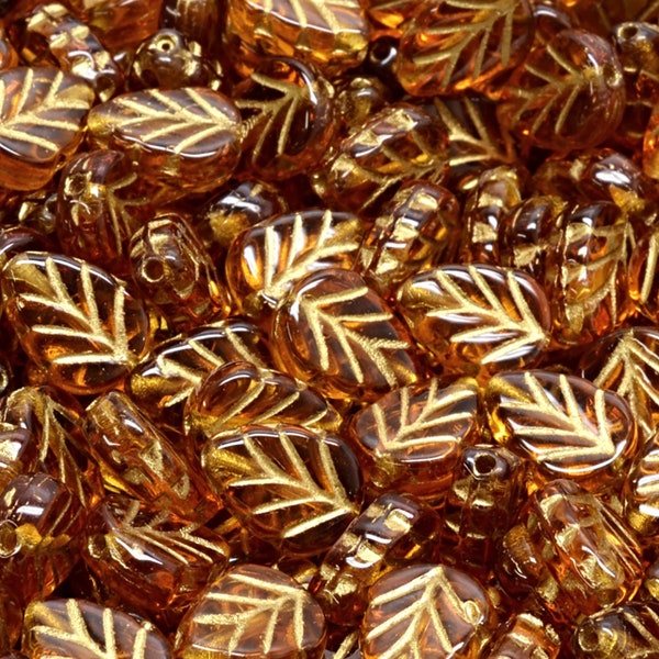 13 Pcs 10x8mm Mint Leaf Pressed Czech Glass Beads -Clear Golden Amber(CH7200104)