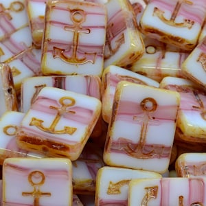 7 Pcs 15x12mm Table Cut Rectangle With Anchor Glass Czech Beads - Marbled White And Pink(CH4007107)
