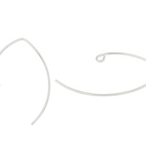 May include: A pair of silver wire hoop earrings with a curved shape.