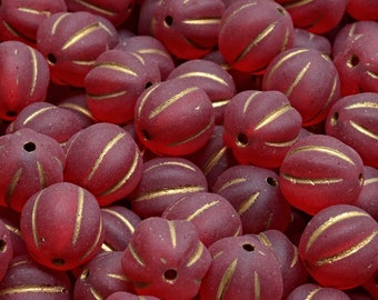 16 Pcs 8mm Melon Pressed Czech Glass Beads -Frosted Red And Gold(CH7301120)