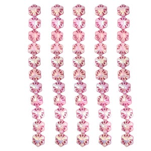 May include: Vertical rows of pink, iridescent flower-shaped beads. Each bead has six petals and a central design. The beads are strung together, creating lines against a white background. Suitable for jewellery making.