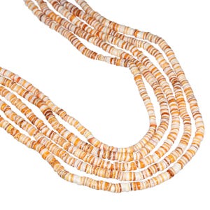 May include: A multi-strand necklace composed of numerous small, flat, disc-shaped beads. The beads feature a variegated pattern of white, cream, and warm orange-brown tones, creating a textured, layered appearance across the five distinct strands.