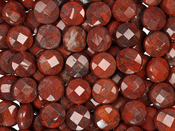 Poppy Jasper Coin Beads: 12mm Faceted Gemstone Strand (15.5 Inch