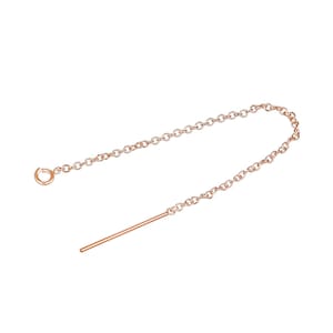 May include: Rose gold threader earrings. The earrings feature a delicate chain and a straight bar. The chain has a small loop at one end. The earrings are designed to be pulled through the ear.