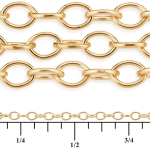 Puede incluir: Cadena de oro con eslabones ovalados. La cadena se muestra en tres tama&ntilde;os diferentes, con una regla para la escala. La regla muestra las medidas en pulgadas.