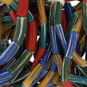 8 Inch Strand of 6.9 - 8.7 mm African Krobo Glass Thin Cylinder Beads - Assorted Primary Colors(GAF100245)