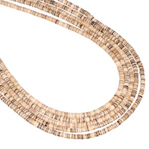 May include: A multi-strand necklace composed of five individual layers of small, disc-shaped beads. The beads feature a natural color palette of cream, beige, and light brown, with subtle variations in tone and texture across each circular bead.