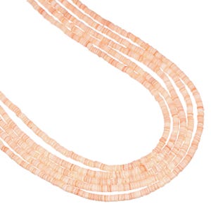 May include: A multi-strand necklace composed of five individual strings of small, flat, disc-shaped beads in a soft, pale peach color. The beads are uniform in size and shape, creating a smooth, layered appearance with a consistent light pinkish-orange hue throughout the entire piece.
