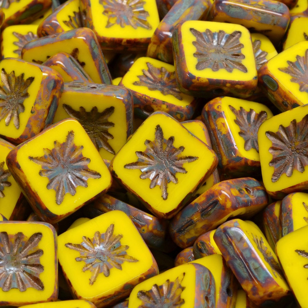 13 Pcs 10mm Table Cut Squared Kiwi Glass Czech Beads - Yellow(ch4004108 ...