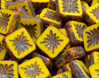 13 Pcs 10mm Table Cut Squared Kiwi Glass Czech Beads - Yellow(CH4004108)