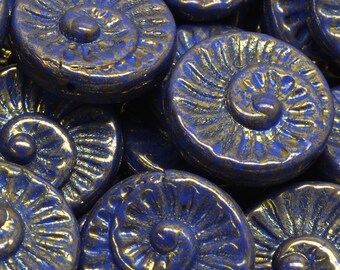 7 Pcs 18mm Fossil Shell Pressed Czech Glass Beads -Royal Blue/Bronze(CH7403113)