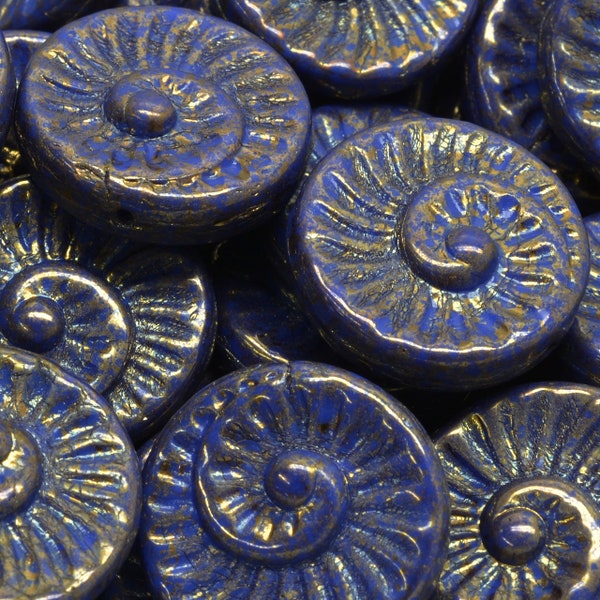 7 Pcs 18mm Fossil Shell Pressed Czech Glass Beads -Royal Blue/Bronze(CH7403113)