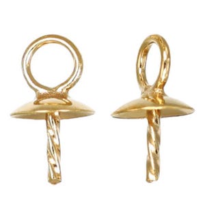 May include: Two gold-toned metal jewelry bails, each featuring a circular loop at the top, a smooth domed cap, and a central vertical pin with a twisted, spiral texture designed for securing beads or other small decorative jewelry components.