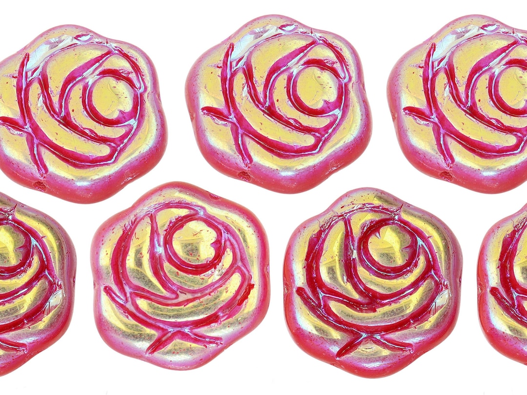 ローズフラワー チェコガラスビーズ 18 mm 7 個 - 虹色ピンク