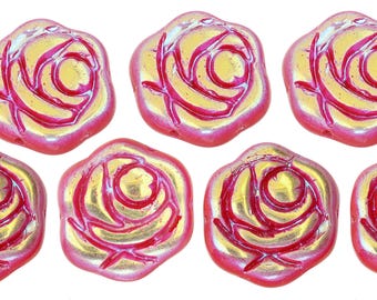 ローズフラワー チェコガラスビーズ 18 mm 7 個 - 虹色ピンク