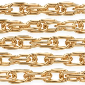 May include: Five rows of gold chain links, each link is oval shaped and interlocked with another oval link. The chain is a continuous loop.
