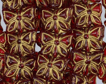 Butterfly Pressed Czech Glass Beads 10 pcs 15x12mm - Clear Red w/ Gold (CH7402115)