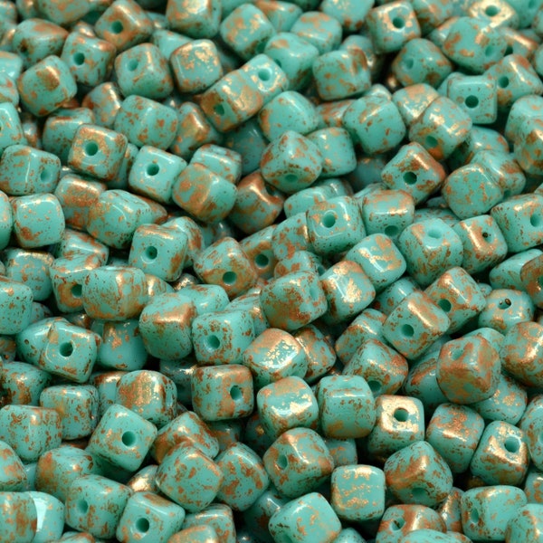 32 Pcs 4mm Cube Pressed Czech Glass Beads -Teal/Copper(CH6500107)