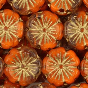 5-Petal Hibiscus Flower Czech Glass Beads 14mm 9 Pcs- Orange & Clear  w/ Gold Wash (CH7101127)