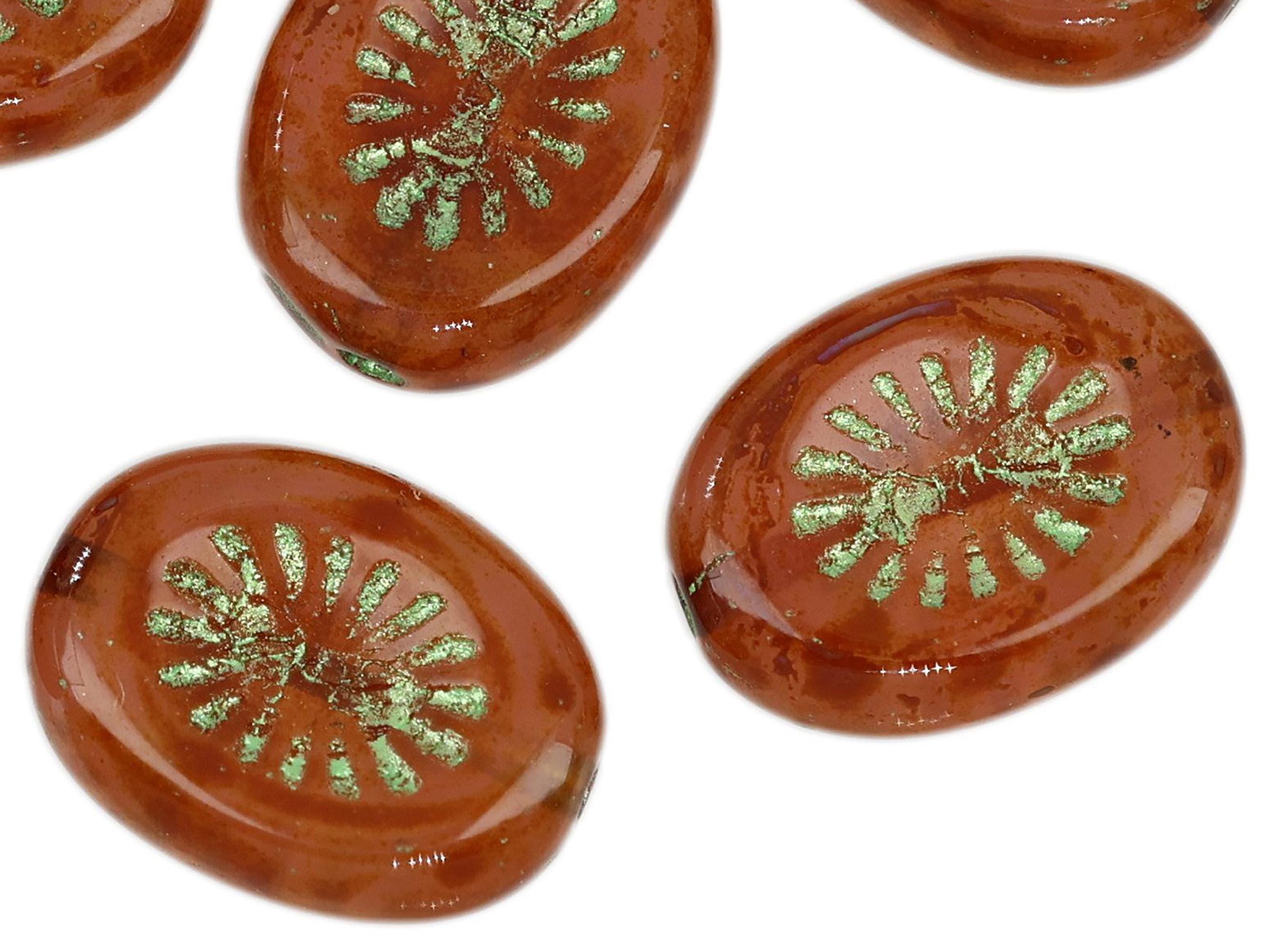 チェコガラスビーズ　キウイ　イエローu0026ブロンズ　2個　チェコビーズ　黄色 キウイフルーツチェコガラスビーズ：不透明栗色、グリーンウォッシュ