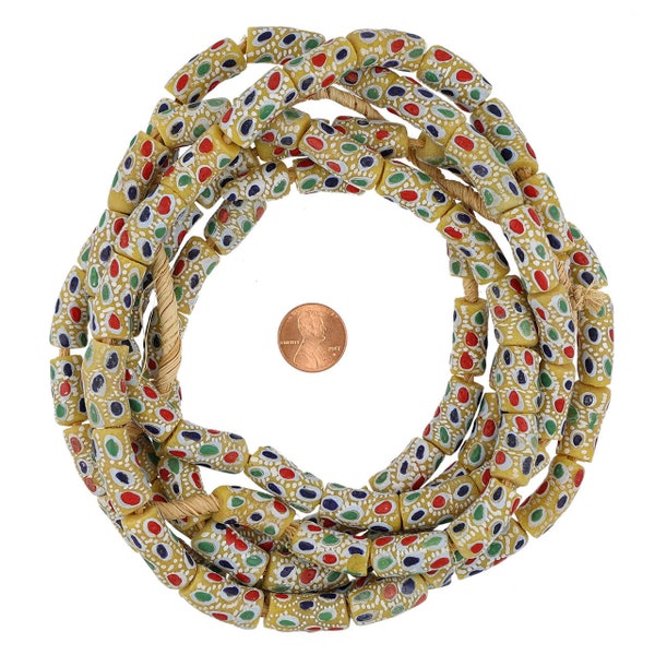 26 Inch Strand 9.2-11mm African Glass Krobo Trade Beads- Antique Yellow-Stippled Design (GAF100149)