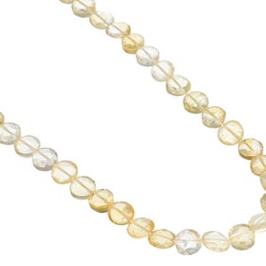 May include: A necklace composed of faceted, round citrine gemstones. The beads transition in color from pale yellow to a deeper golden hue. The necklace is displayed against a white background, highlighting the gemstones' clarity and color.