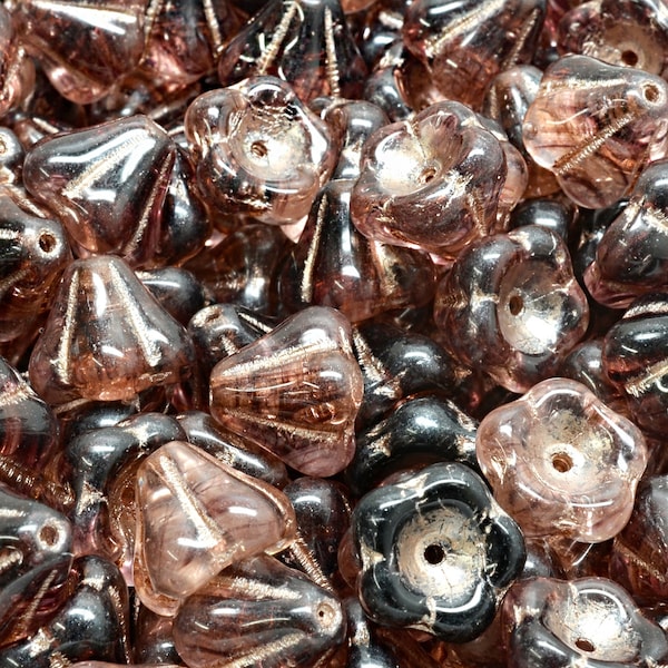 16個 8 x 10 mm ベルフラワー プレスチェコガラスビーズ - クリアコーヒーブラウン(CH7100115)