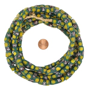 24 Inch Strand 8.4-10 mm African Glass Krobo Trade Beads- Jade Green w/ Flower Designs (GAF100148)