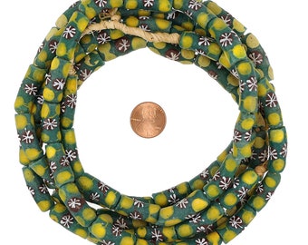 Handbemalte Krobo Glasperlen: Jade Grünes Blumenmuster, 24-Zoll-Strang