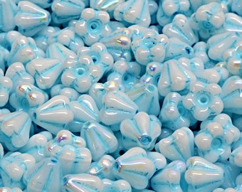 33 Pcs 4x6mm Bell Flower Pressed Czech Glass Beads - Baby Blue And White(CH7100102)