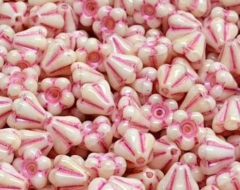 33 Pcs 4x6mm Bell Flower Pressed Czech Glass Beads - Cream And Pink(CH7100108)