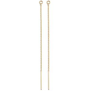 May include: A pair of gold chain earrings with a long, thin, straight bar at the bottom of each chain.