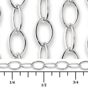 Może przedstawiać: Srebrny łańcuszek owalny, o długości 2,5 cm, z zbliżeniem na ogniwa łańcuszka.