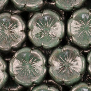 5-Petal Hibiscus Flower Czech Glass Beads 14mm 9 Pcs - Sage Green w/ Silver Wash (CH7101122)
