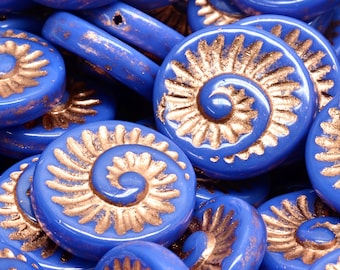 7 Pcs 18mm Fossil Shell Pressed Czech Glass Beads -Royal Blue/Copper(CH7403114)
