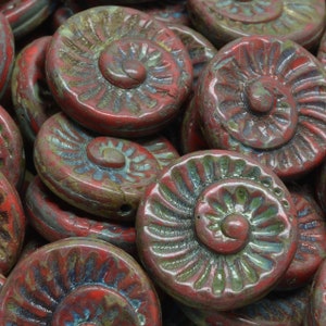 7 Pcs 18mm Fossil Shell Pressed Czech Glass Beads -Deep Red(CH7403120)