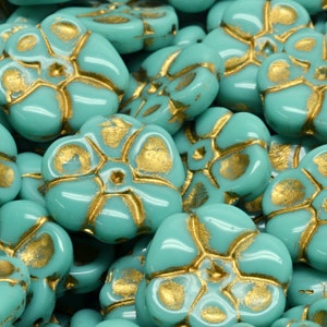 9 Stück 15 mm Primrose Blume gepresste Böhmische Glasperlen -Türkis/Gold(CH7107105)