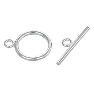 May include: A silver-colored toggle clasp, featuring a circular ring and a straight bar with a loop. The clasp is designed for jewelry making and crafting. The metal has a shiny, reflective surface.