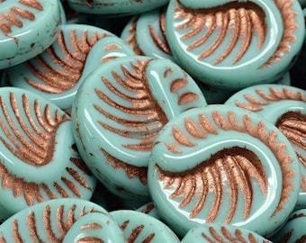 7 Pcs 19mm Fossil Coin Pressed Czech Glass Beads -Glossy Teal Copper(CH7403109)