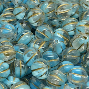 16 Pcs 8mm Melon Pressed Czech Glass Beads -Sky Blue/Gold(CH7301119)