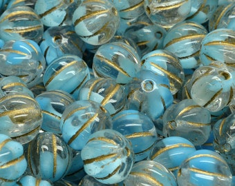 16 Pcs 8mm Melon Pressed Czech Glass Beads -Sky Blue/Gold(CH7301119)