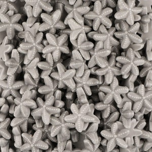 May include: A close-up image of a pile of gray starfish-shaped sprinkles. The sprinkles are made of sugar and have a slightly textured surface.