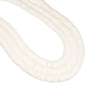 May include: A triple-strand necklace composed of small, flat, circular white beads. The beads are arranged in a uniform, stacked pattern, creating a continuous, smooth, and rounded shape that forms a layered look with a consistent off-white colour.