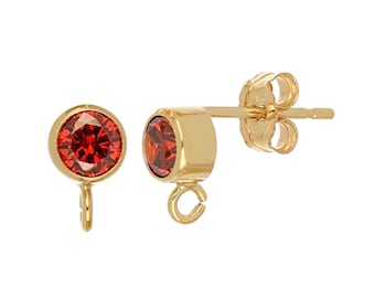 1 Pair Bag of 14k Gold Filled Earring Posts W/4 mm Deep Red CZ and Open Ring (GF4001613)