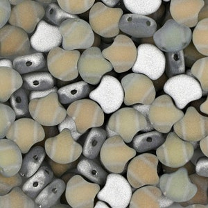 May include: A close-up of a collection of small, irregular shaped glass beads. The beads are a mix of silver, light brown, and beige with a shimmery finish.