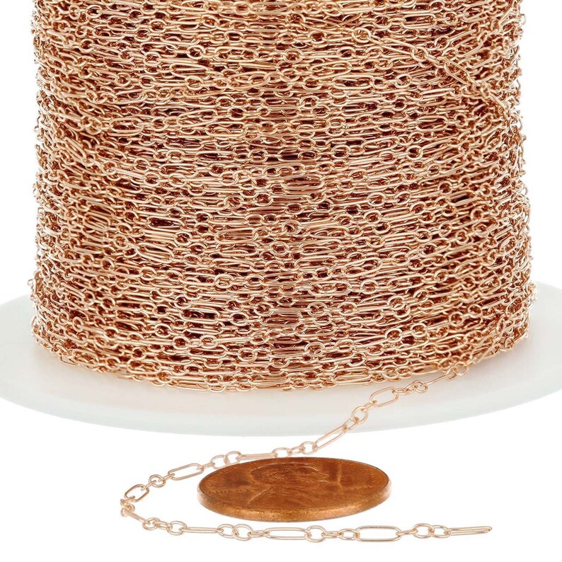 May include: A spool of rose gold colored chain, with a length of chain laid out next to a US penny for scale.