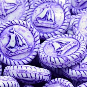 7 Pcs 20mm Boat Medallion Pressed Czech Glass Beads -White/Purple(CH9009109)