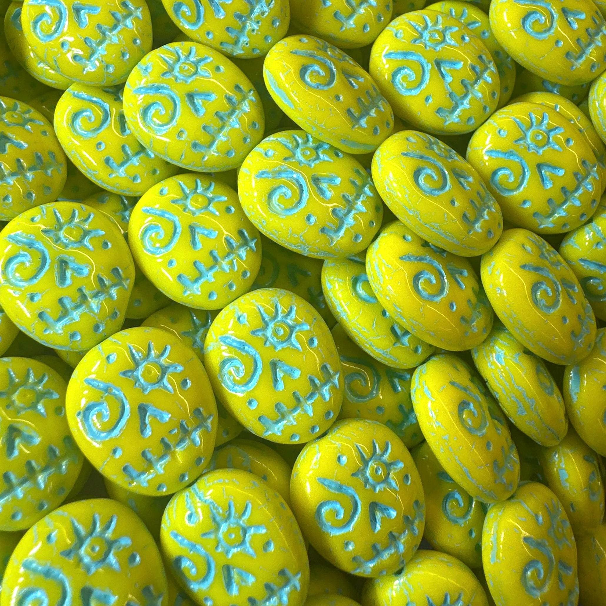 8 Pcs 16x13mm Voodoo Funny Face Pressed Czech Glass Beads -Lemon Yellow/Sky Blue(CH9008101)